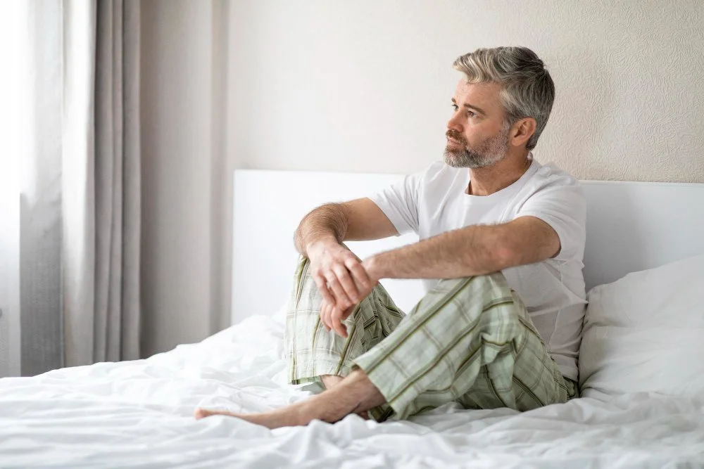 lonely middle aged man sitting bed looking through window How Andropause Treatment Helps Men Regain Daily Balance