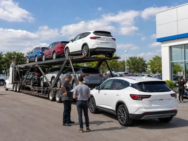 New York Auto Dealership receiving vehicle shipment in the lot 61809385 Car Shipping in New York: Costs, Logistics, and the Parking Problem