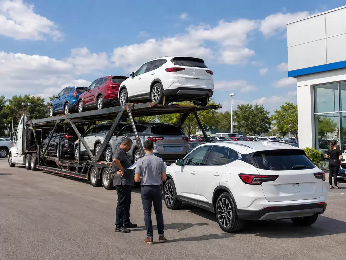 New York Auto Dealership receiving vehicle shipment in the lot 61809385 Car Shipping in New York: Costs, Logistics, and the Parking Problem